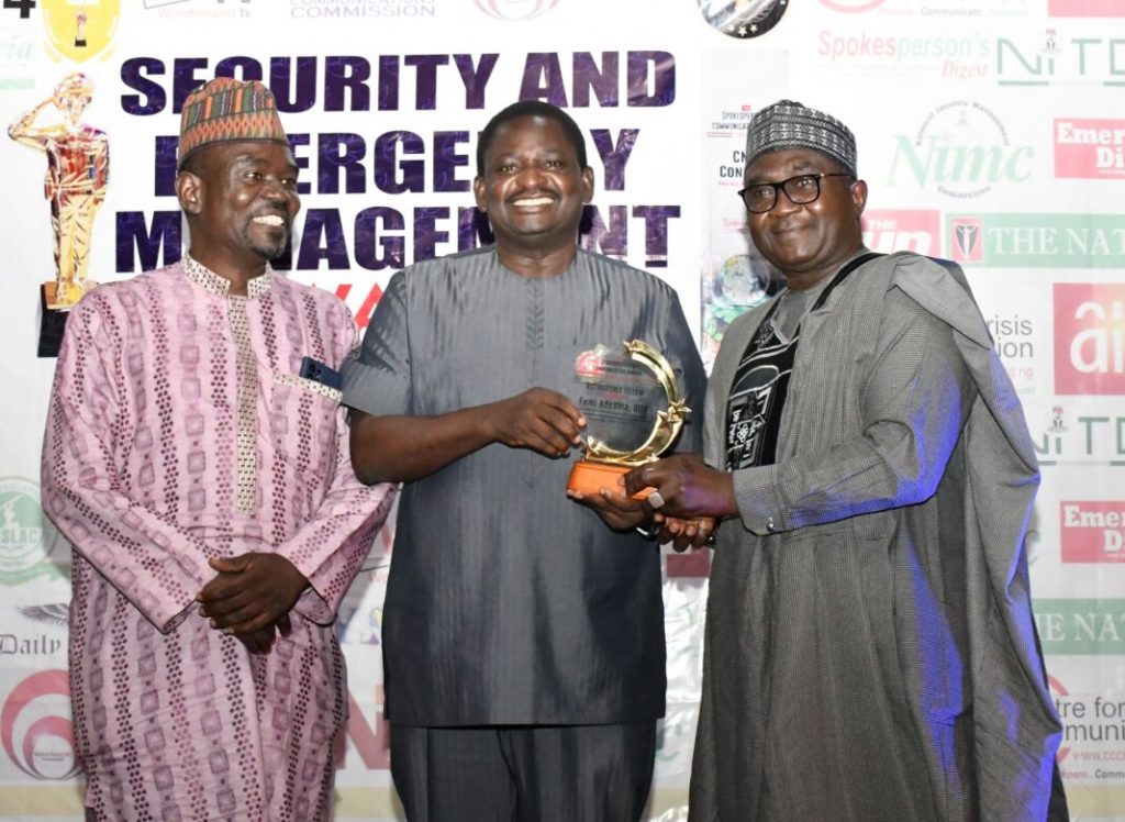 PRNigeria Publisher, Yushau Shuaib, Presidential Spokesperson, Femi Adesina, NIPR President Mukhtar Sirajo at the 2020 Spokespersons Communication Award (SCA)